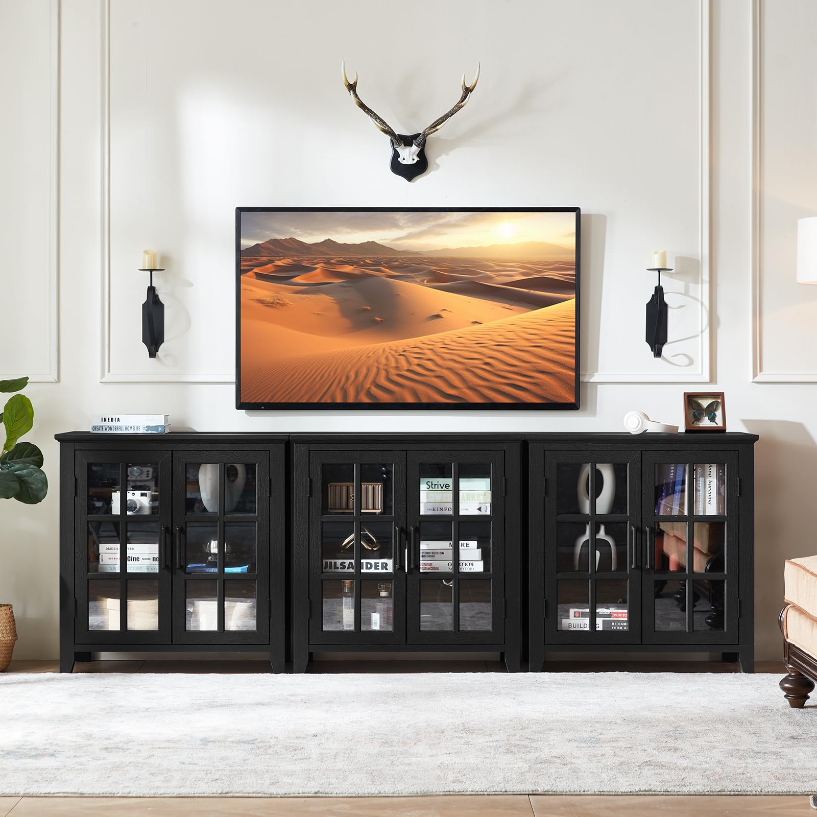 Black sideboard cabinet with multiple glass doors and central open storage panels