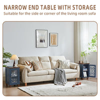 Pair of narrow end tables with storage cabinets and decorative glass doors.