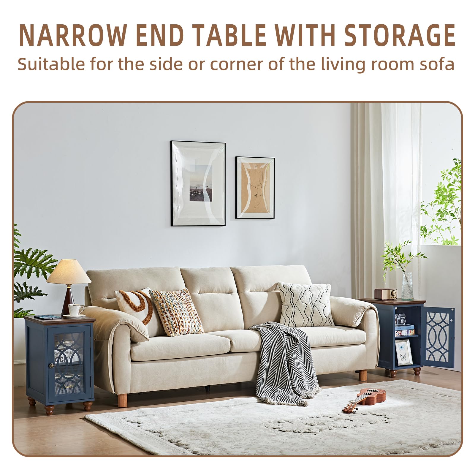 Pair of narrow end tables with storage cabinets and decorative glass doors.