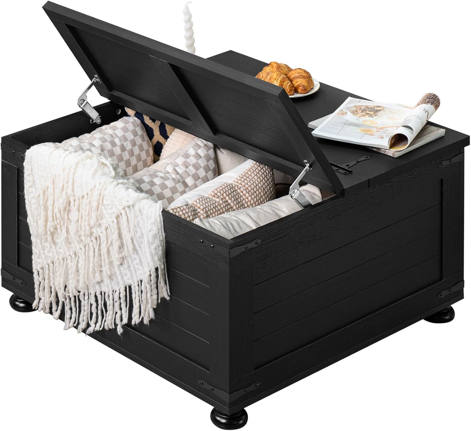 Farmhouse Coffee Table with Large Hidden Storage Compartment, Navy Blue Square Center Table, Wood Rustic Low Modern Living Room Tables with Hinged Lift Brown Top & Wooden Arc Base