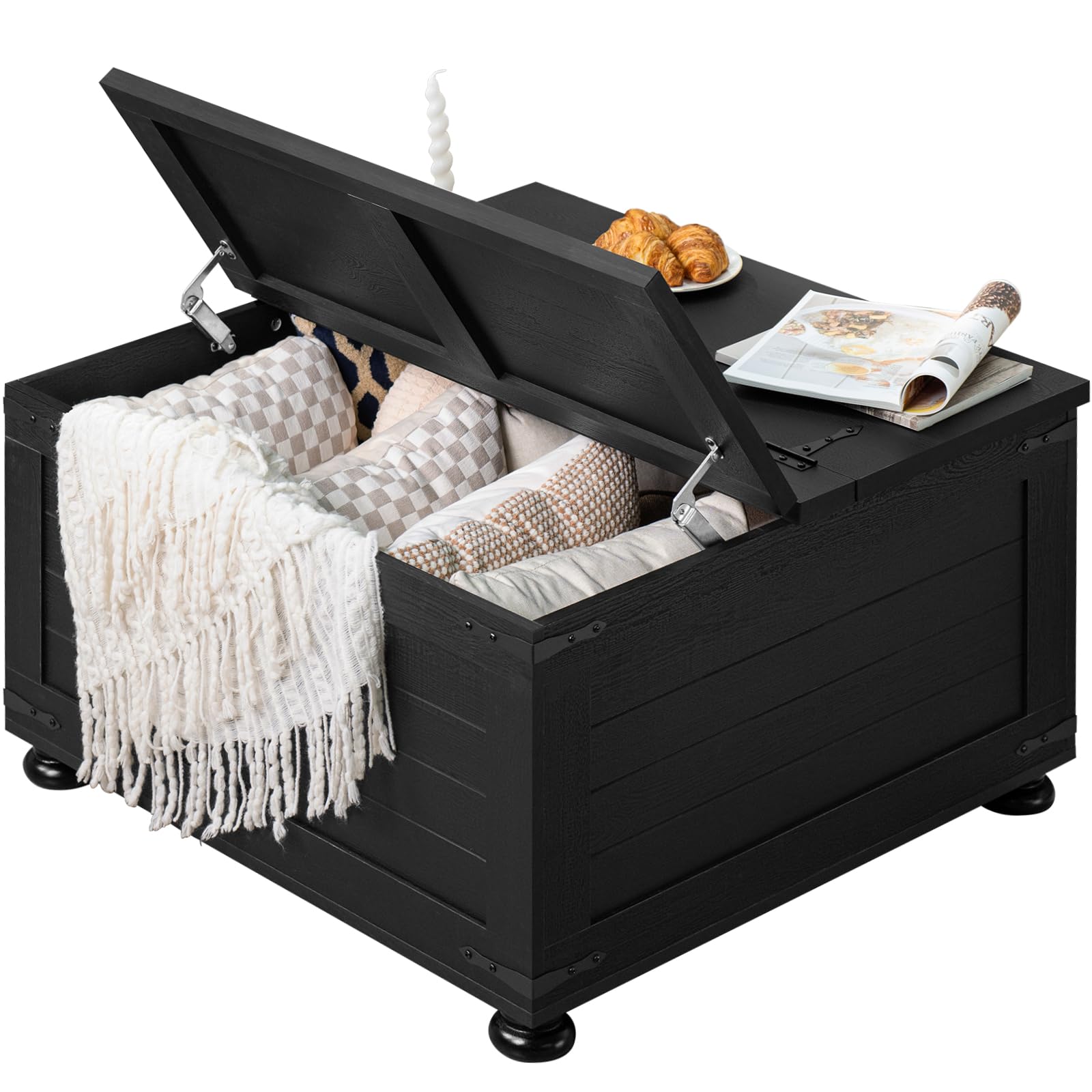 Farmhouse Coffee Table with Large Hidden Storage Compartment, Navy Blue Square Center Table, Wood Rustic Low Modern Living Room Tables with Hinged Lift Brown Top & Wooden Arc Base