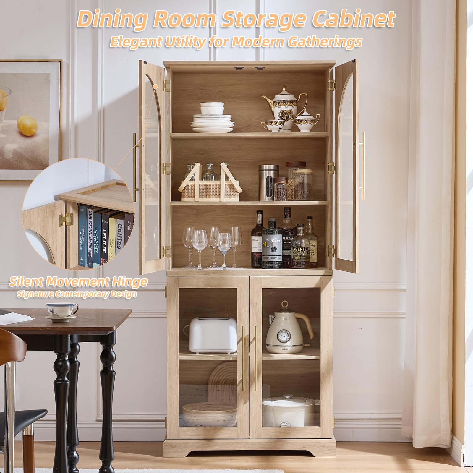 Freestanding storage cabinet with open shelves and doors, light wood finish