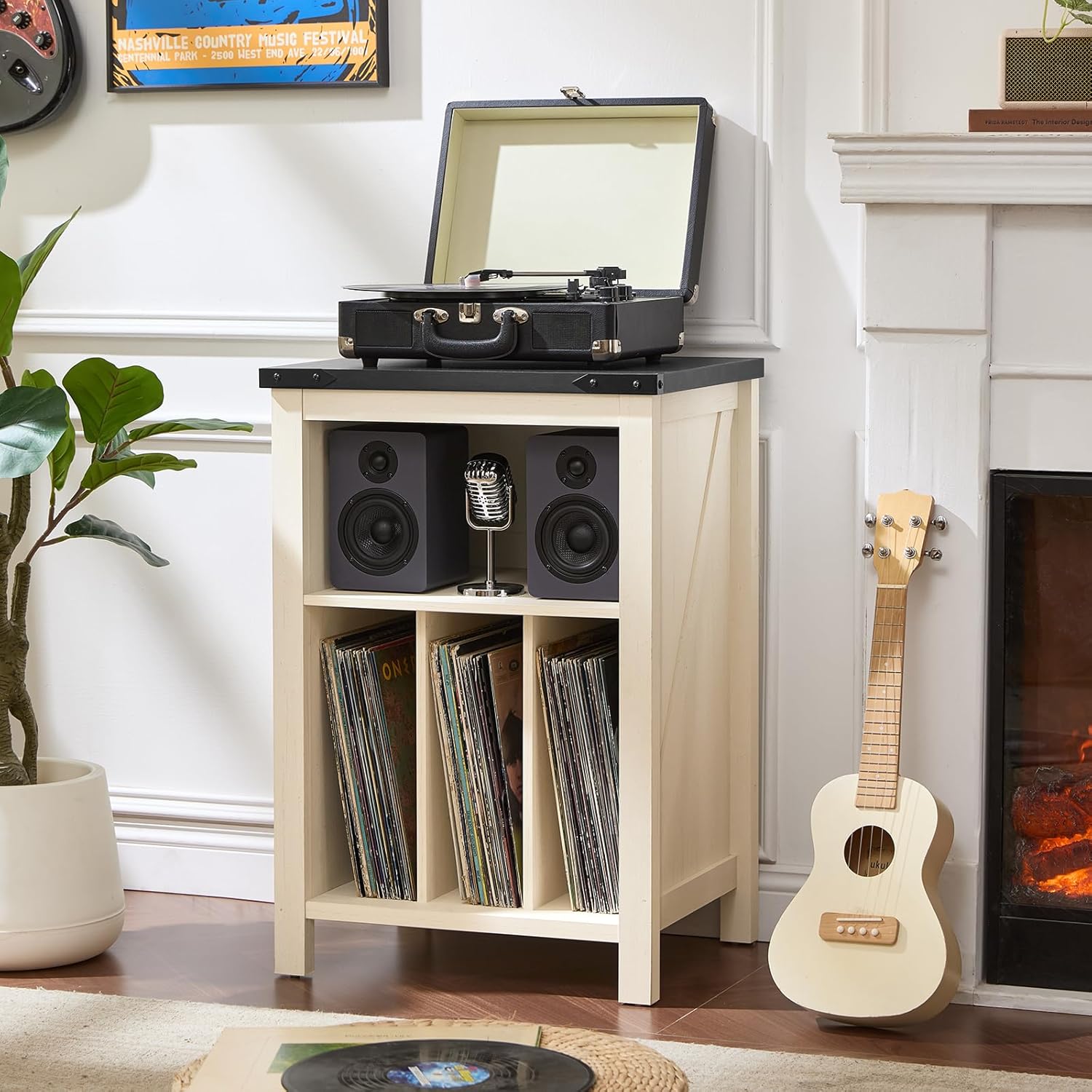 White record player stand cabinet with turntable on top and vinyl records in front shelf