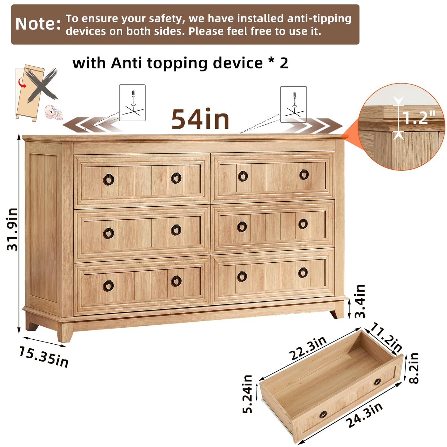 Natural wood dresser with six drawers, round metal knobs, and anti-tipping device shown