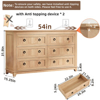 Natural wood dresser with six drawers, round metal knobs, and anti-tipping device shown