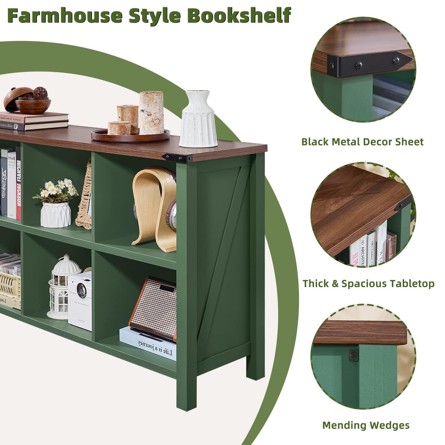 Green farmhouse bookcase with open cubby shelves and thick tabletop edge details