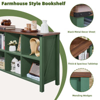 Green farmhouse bookcase with open cubby shelves and thick tabletop edge details
