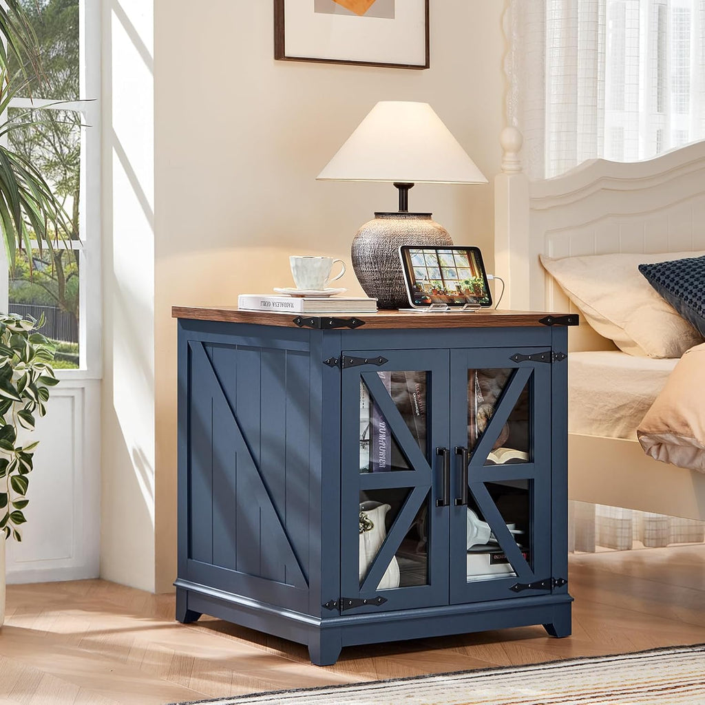 Blue farmhouse end table with X-frame doors and warm wood top, open cubby below
