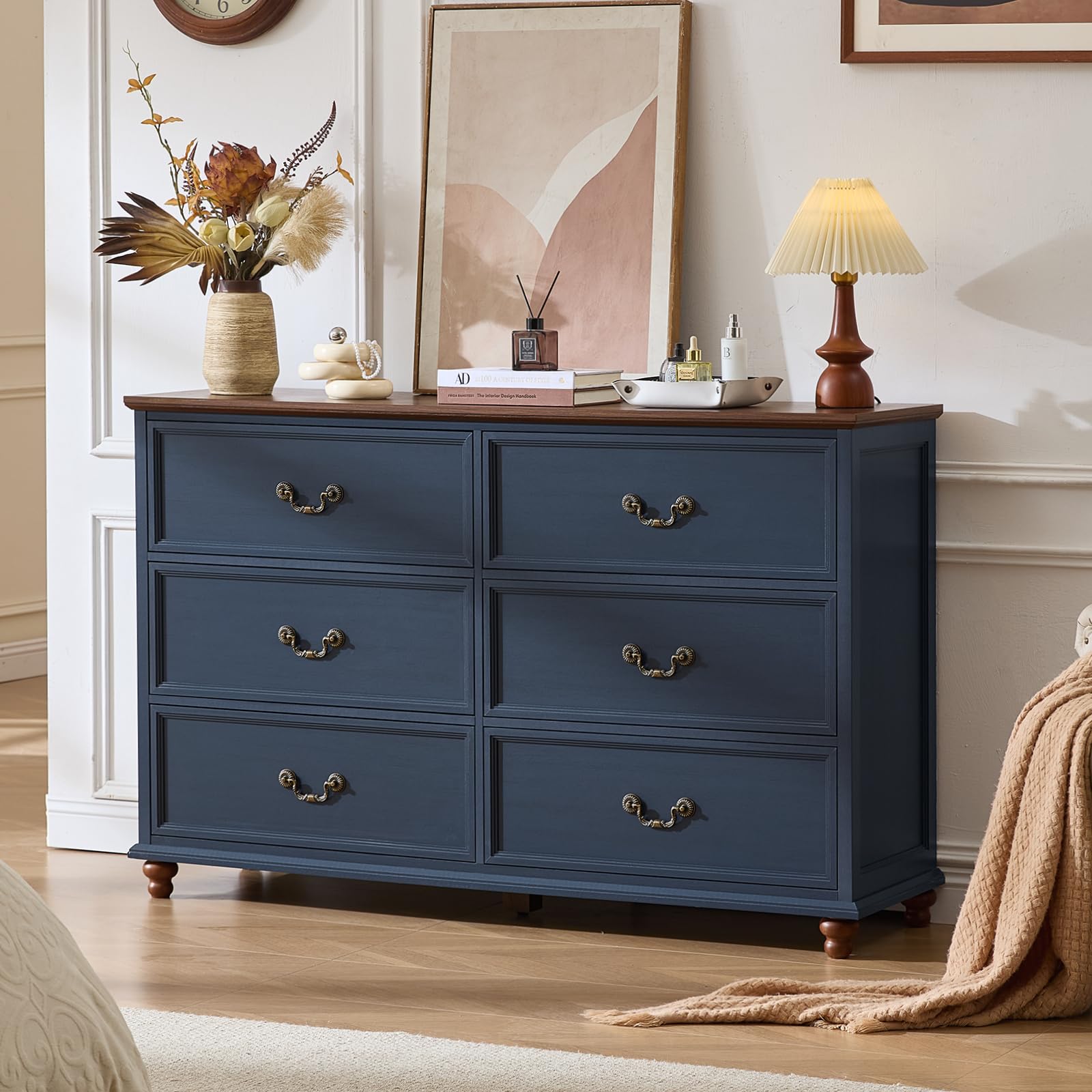 Blue farmhouse nightstand cabinet with 6 drawers and decorative metal handles, short legs