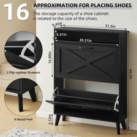 Black shoe storage cabinet with X-pattern flip drawers and open shoe rack, freestanding