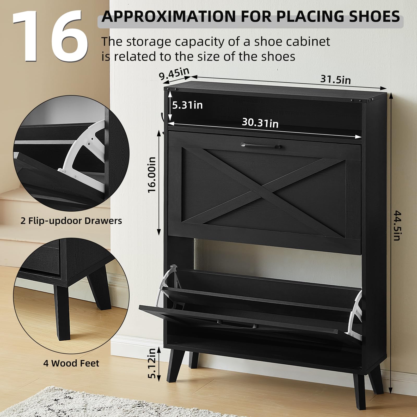 Shoe cabinet with two flip-up drawers shown with approximate size measurements and hooks