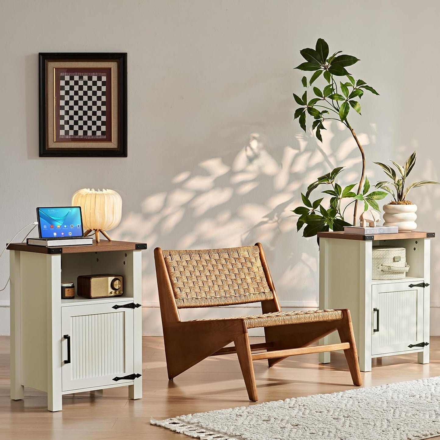 Joaxswe 18-Inch Nightstand with Charging Station and Fluted Door,Dark Blue | 18-inch bedside table with AC and USB charging, open storage and a magnetic fluted door for bedroom essentials