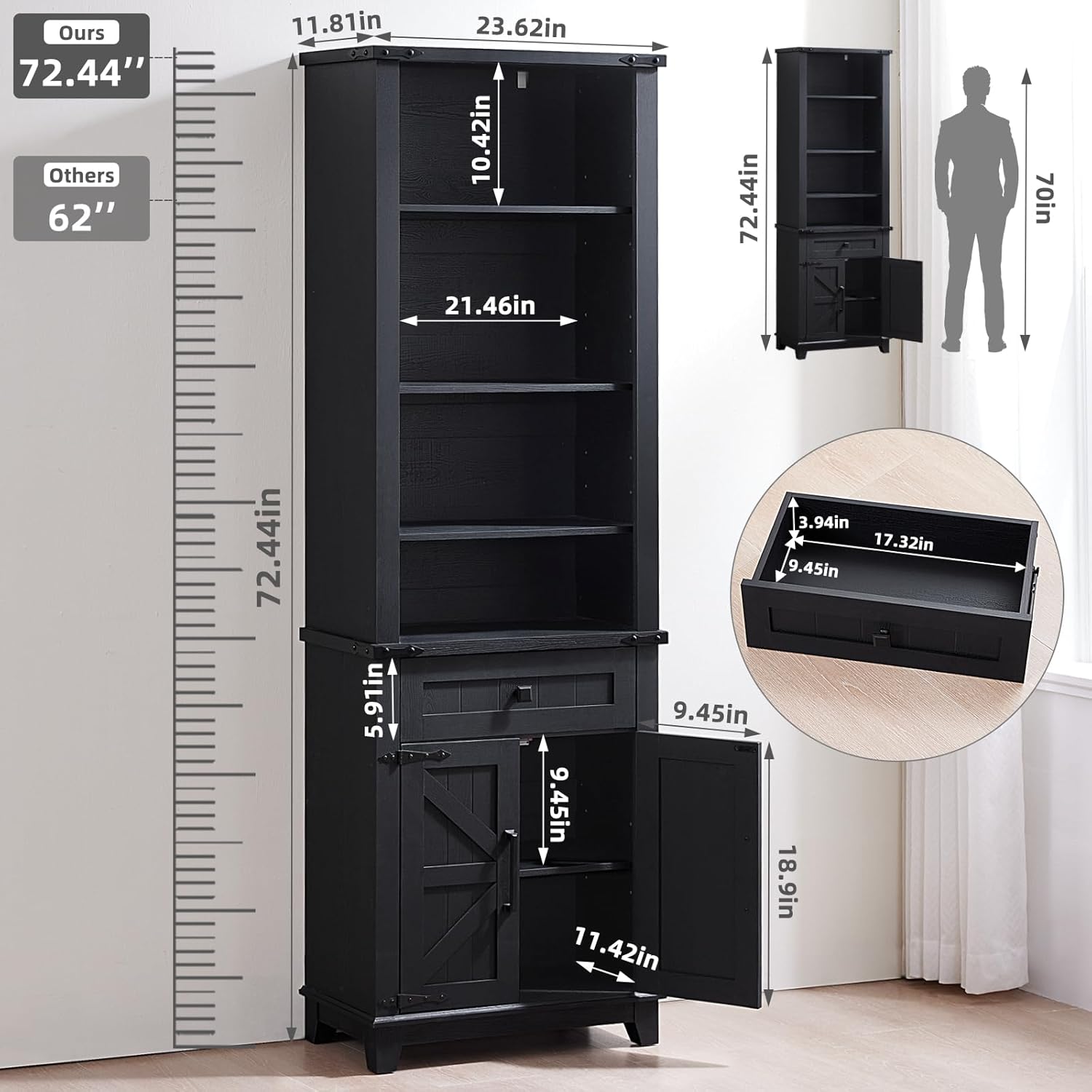 72in Tall Bookshelf 7 Tier Bookcase with Drawer and Barn Doors and Adjustable Shelves, Black Farmhouse Book Shelf with Storage Cabinet, Wood Freestanding Display Bookshelves for Living Room