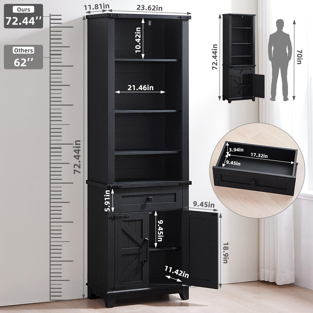 Black tall bookcase with adjustable shelves, barn doors, and storage drawer