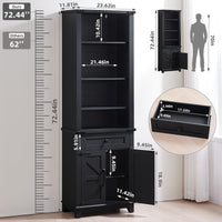 Black tall bookcase with open shelves, barn doors, and lower drawer; side view with measurements