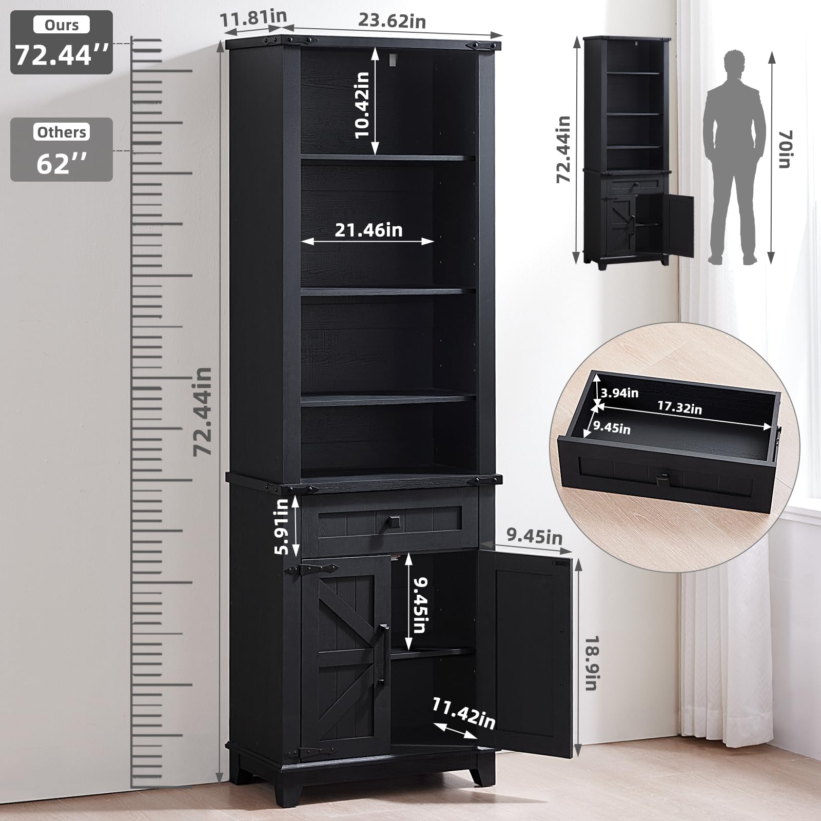 Black tall bookcase with adjustable shelves, barn doors, and storage drawer