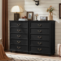 Black 4-drawer dresser cabinet pair with gold-tone handles and sturdy legs, front view.