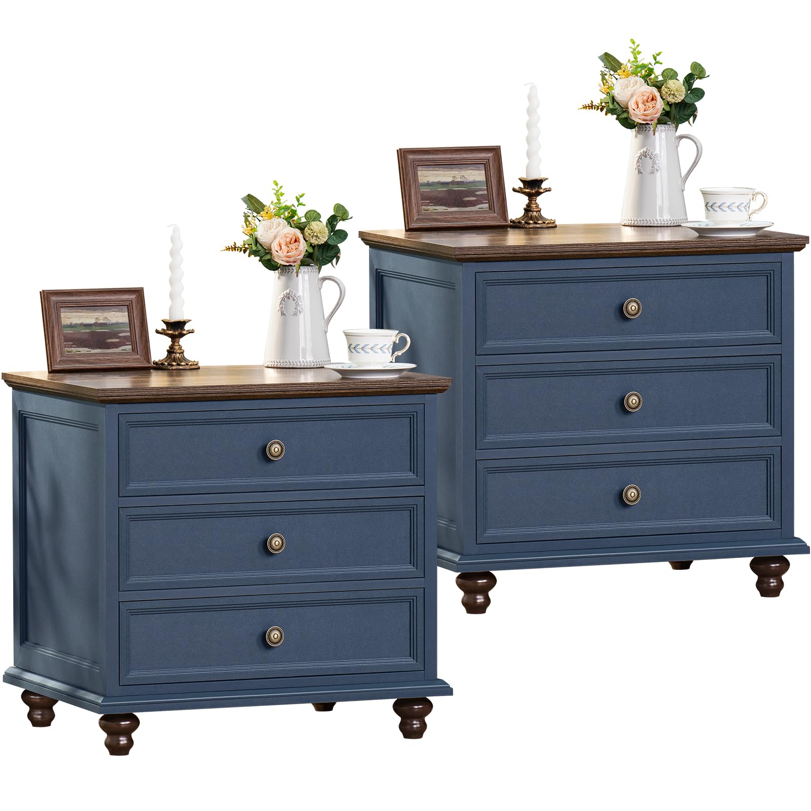 Farmhouse 54" 7 Drawers Dresser for Bedroom, Wide Chest of Drawers w/ 4 Wooden Legs, Vintage Rustic Large Closet Storage Dressers Organizer for Hallway, Wood TV Stand for Living Room, Blue