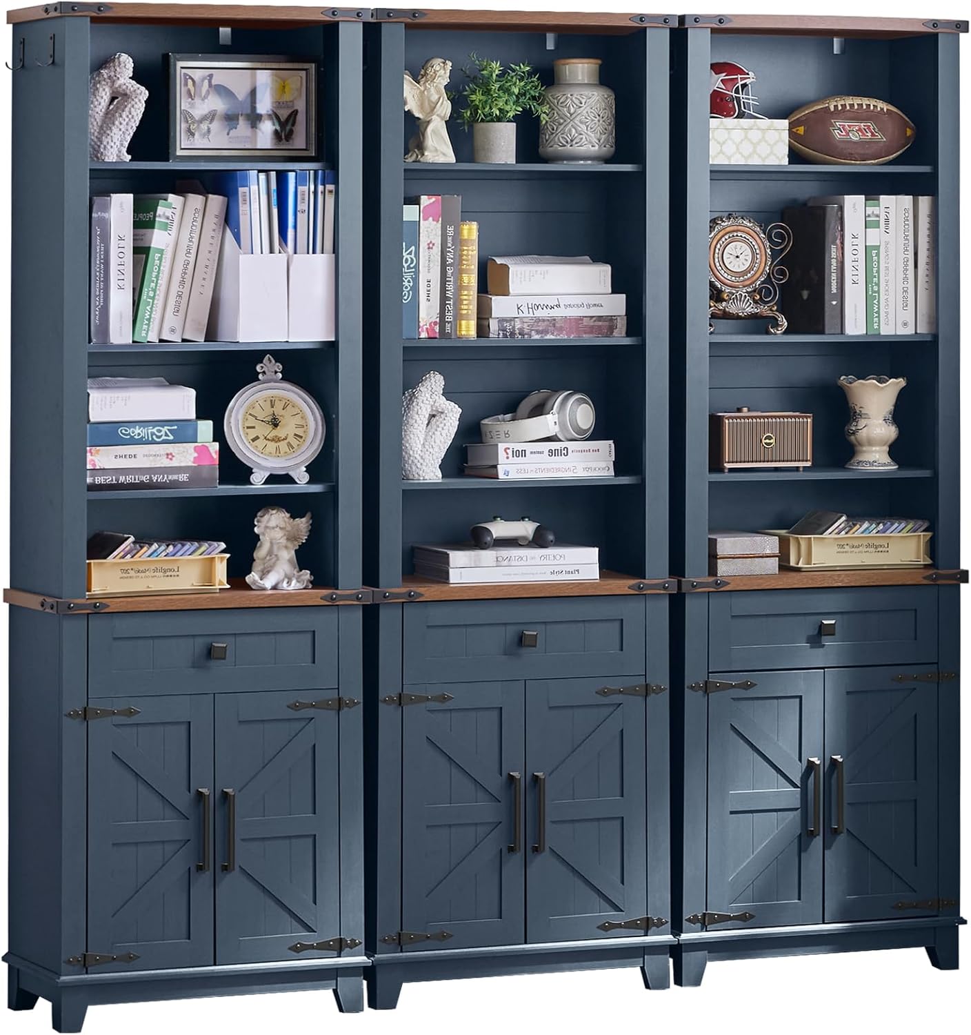 72in Tall Bookshelf 7 Tier Bookcase with Drawer and Barn Doors and Adjustable Shelves, Black Farmhouse Book Shelf with Storage Cabinet, Wood Freestanding Display Bookshelves for Living Room