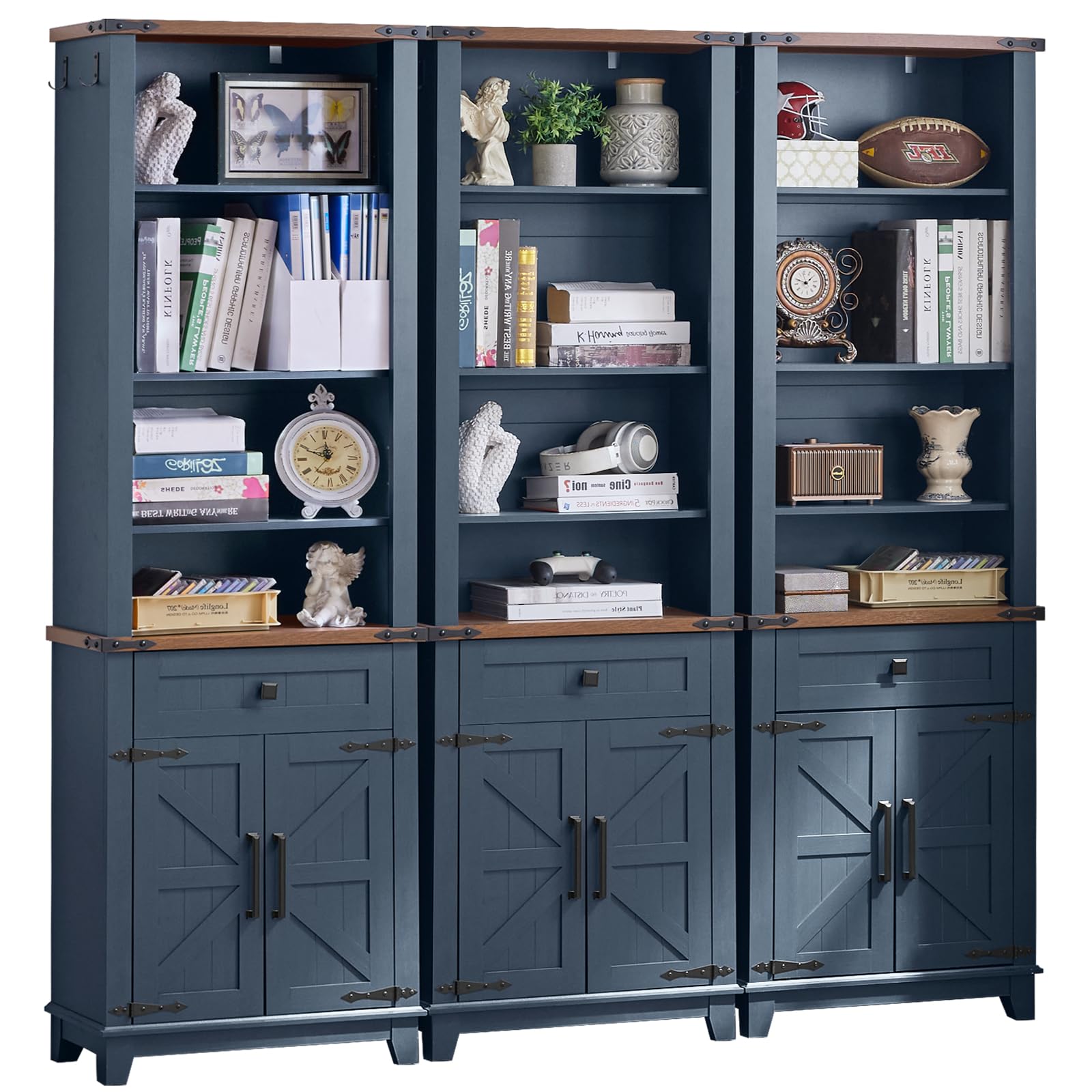 72in Tall Bookshelf 7 Tier Bookcase with Drawer and Barn Doors and Adjustable Shelves, Black Farmhouse Book Shelf with Storage Cabinet, Wood Freestanding Display Bookshelves for Living Room