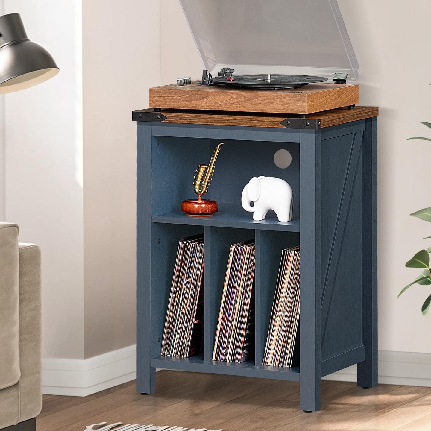 Navy blue record player stand cabinet with wood top and vinyl record storage shelves