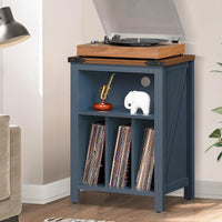 Navy blue record player stand cabinet with wood top and vinyl record storage shelves