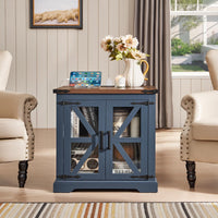 Navy blue bedside end table with cabinet doors and open shelves, tablet and mug on top