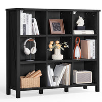 Black low storage bookcase with open compartments and display cubbies