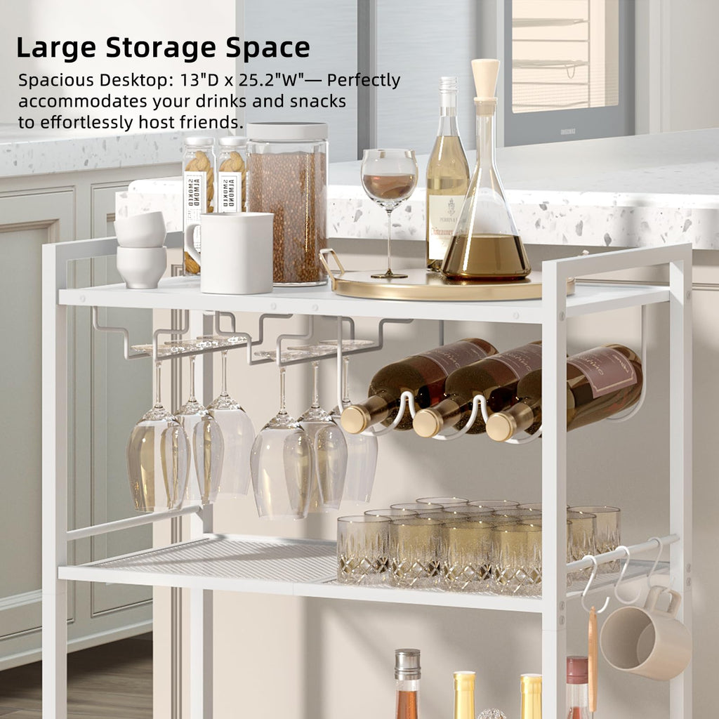 White bar cart with glass holders, wine rack, and 3-tier storage shelves