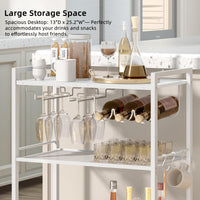 White bar cart with glass holders, wine rack, and 3-tier storage shelves