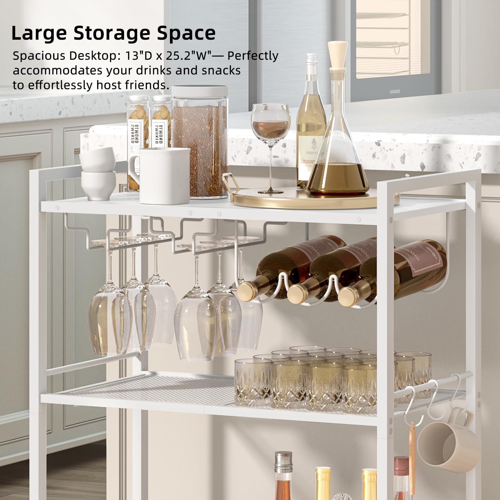 White bar cart with glass holders, wine rack, and 3-tier storage shelves
