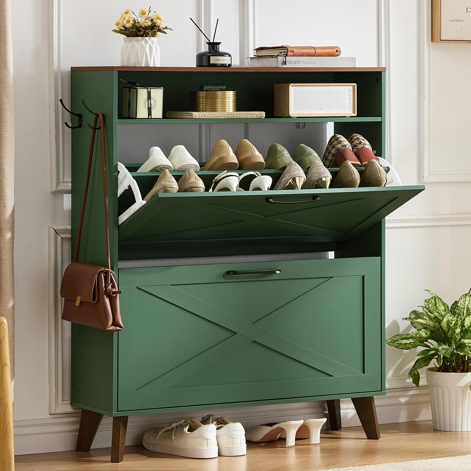 Green shoe storage cabinet with open top shelf and lower flip drawer
