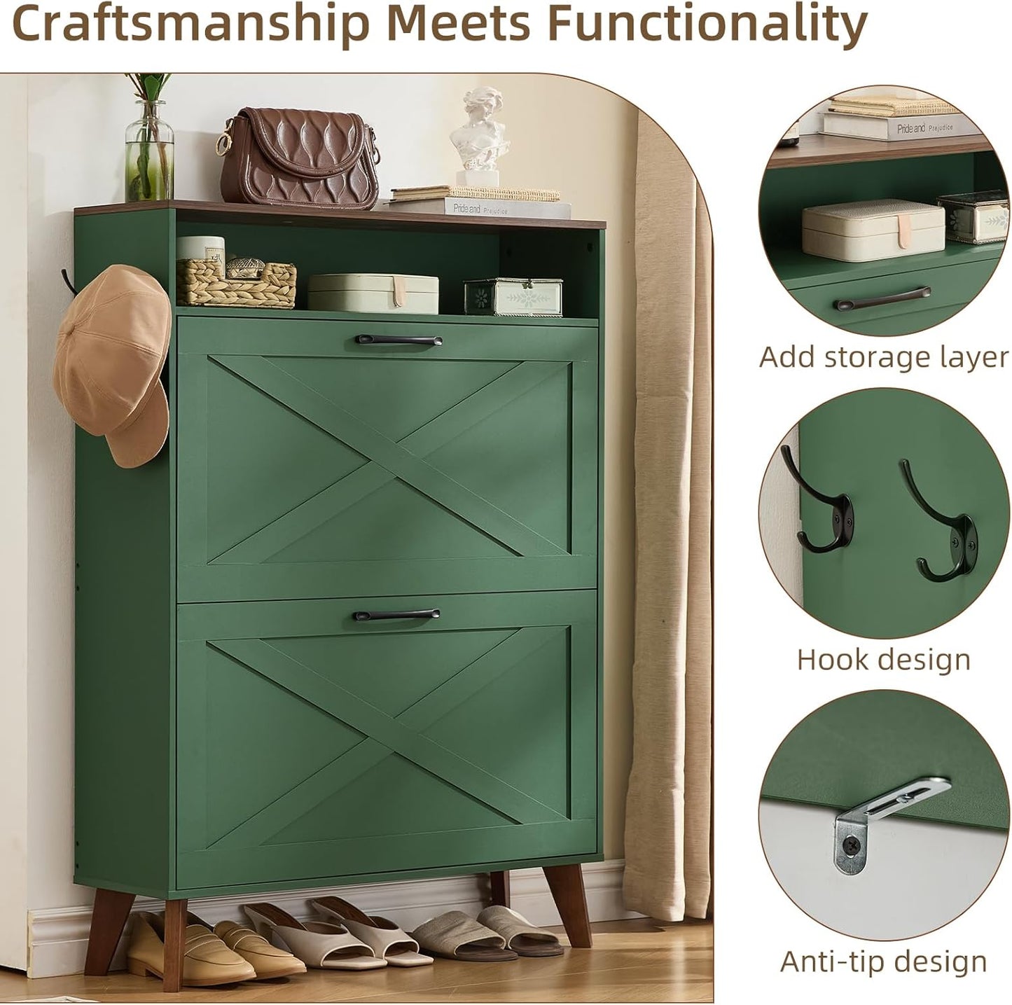 Dark green shoe storage cabinet with open upper rack and two flip drawers