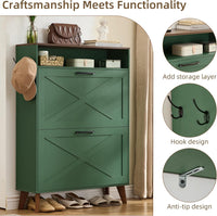 Dark green shoe storage cabinet with open upper rack and two flip drawers