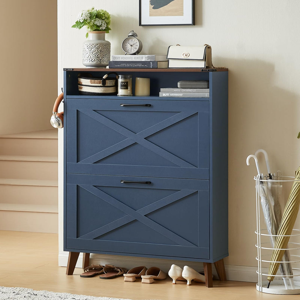 Navy shoe storage cabinet with two flip drawers and X-pattern doors, free-standing