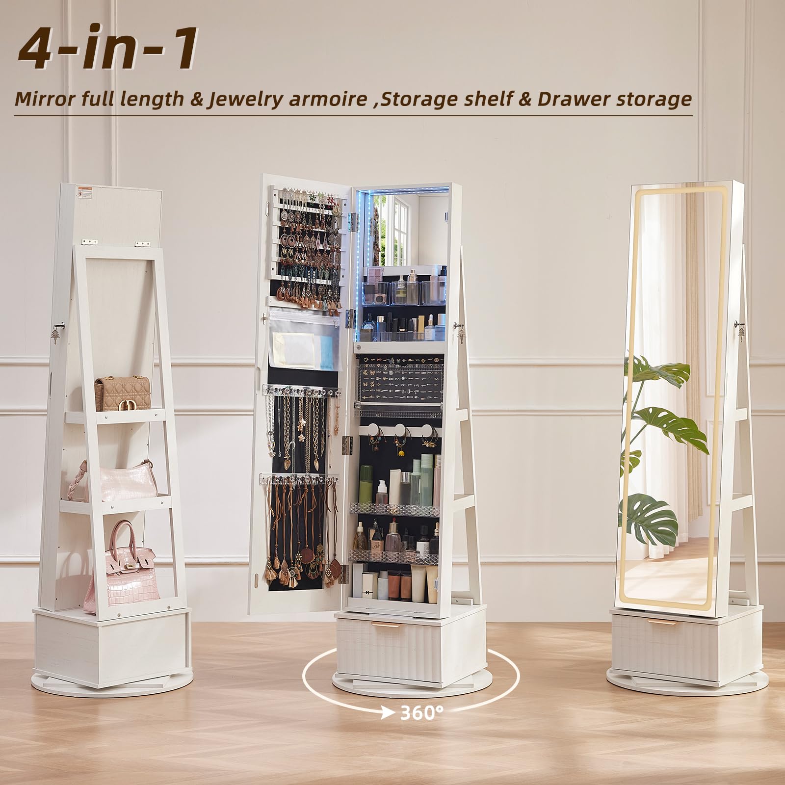 White fluted jewelry armoire cabinet with swivel full-length mirror and drawer base