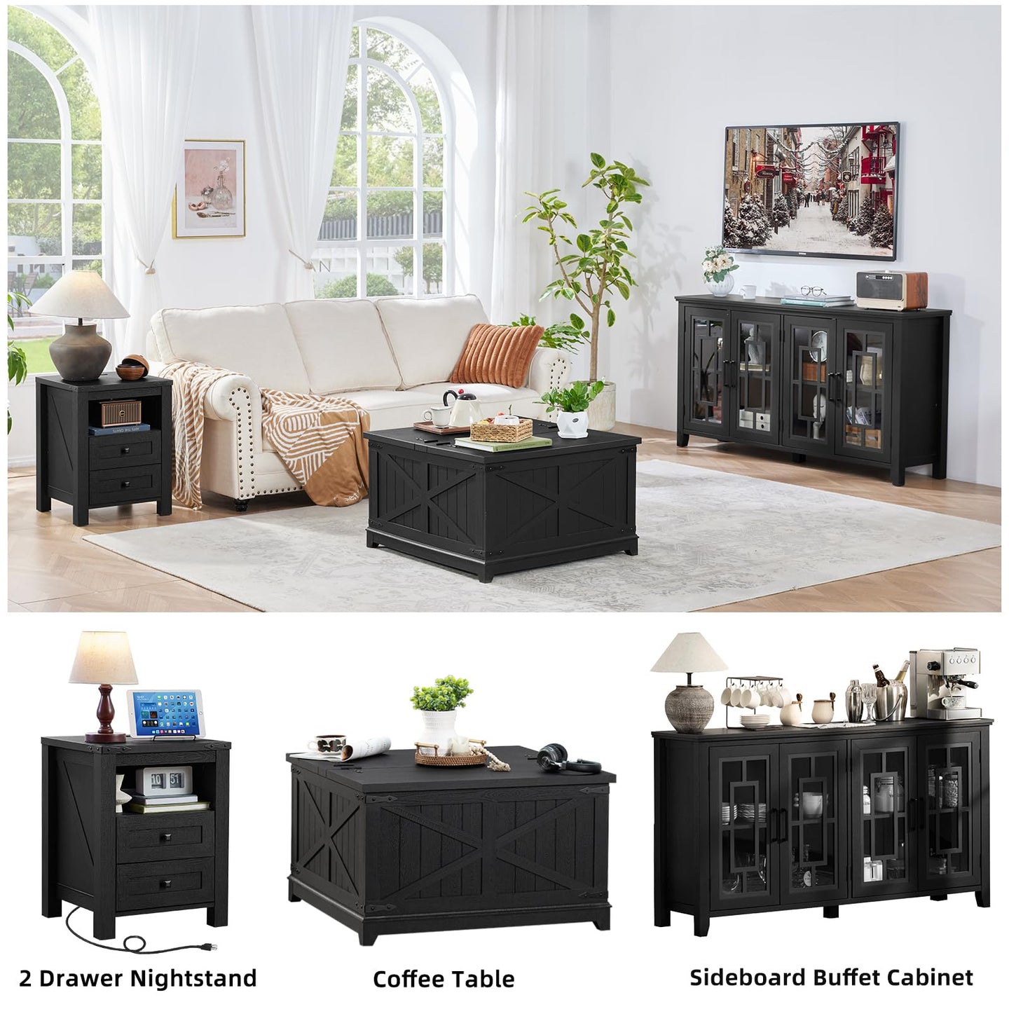 Black two-drawer nightstand with open shelf, styled in a living room setting