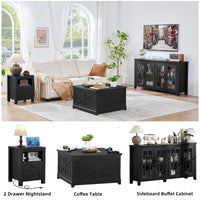 Black two-drawer nightstand with open shelf, styled in a living room setting