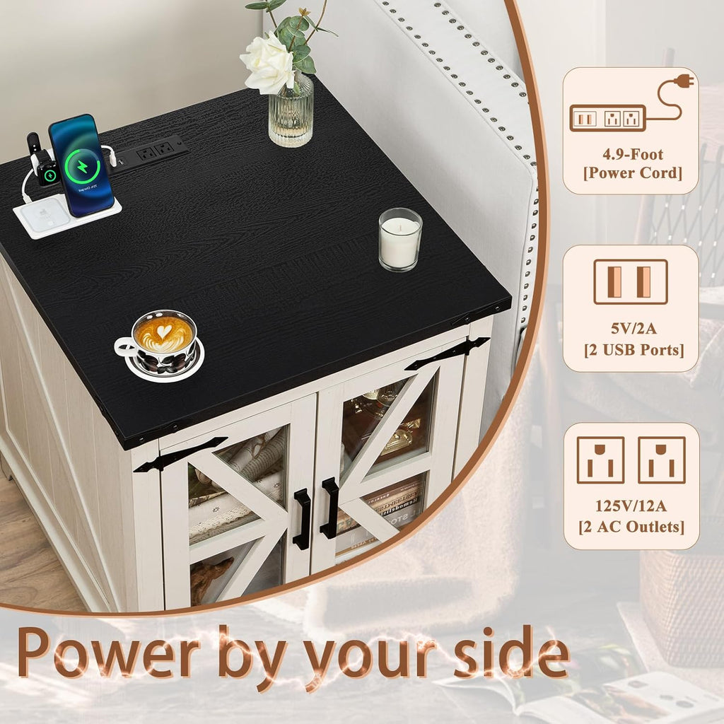 White end table with black tabletop and built-in power outlets for devices