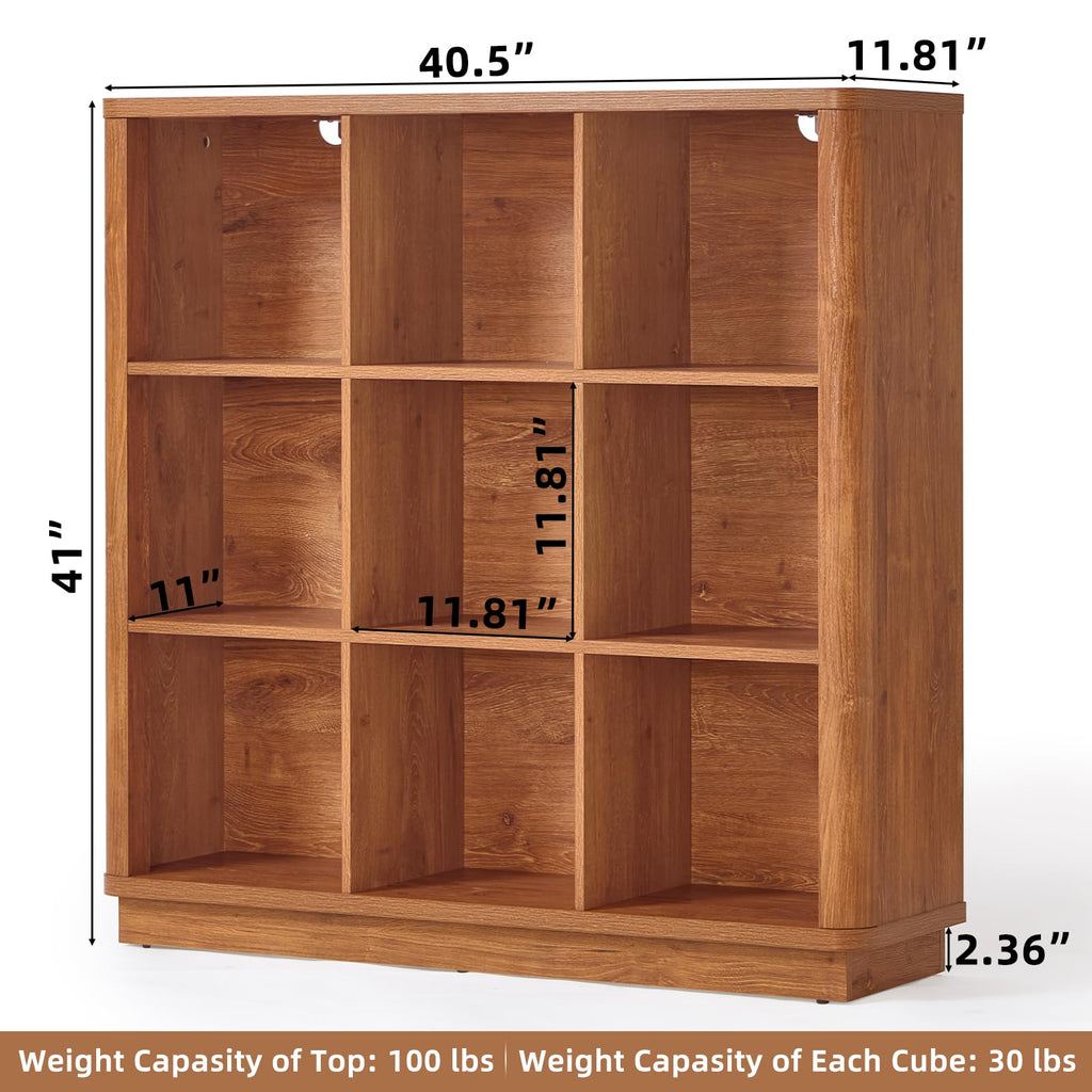 Wooden cube storage bookcase in natural oak, open 8-cubby grid