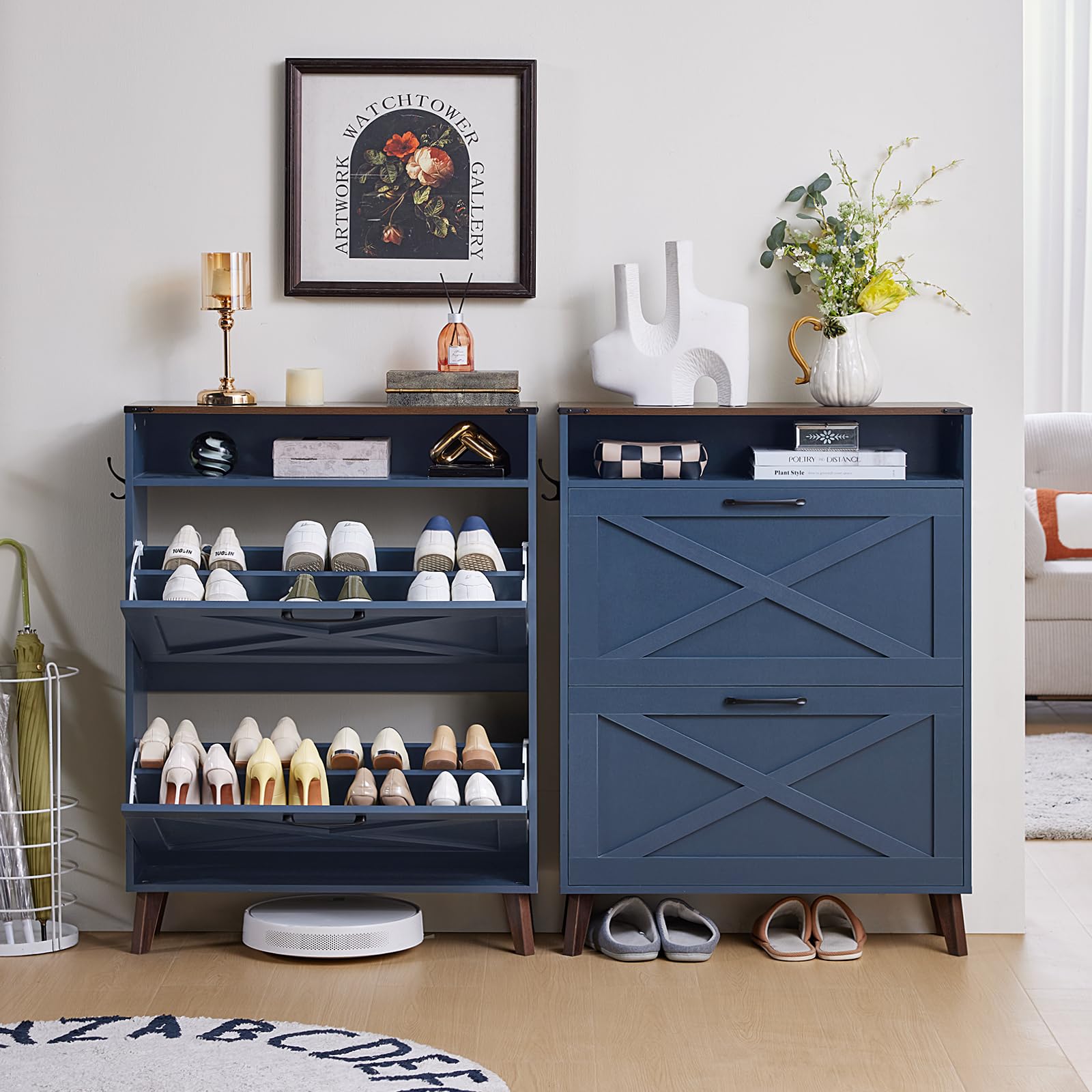 Two navy shoe cabinets side by side with open racks holding shoes