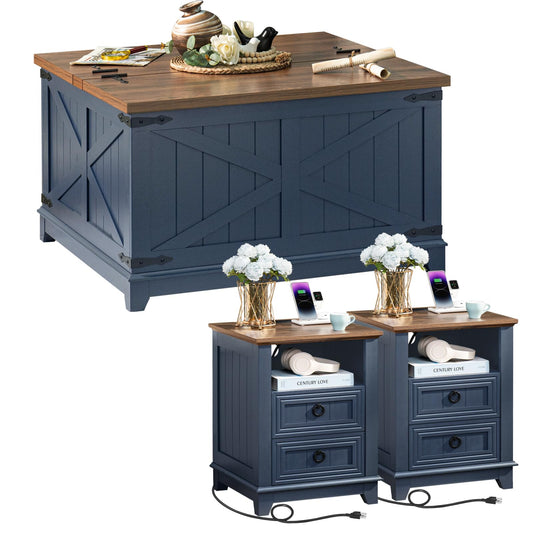 Farmhouse coffee table set of 3 in dark blue, coffee table with hidden storage and drawers
