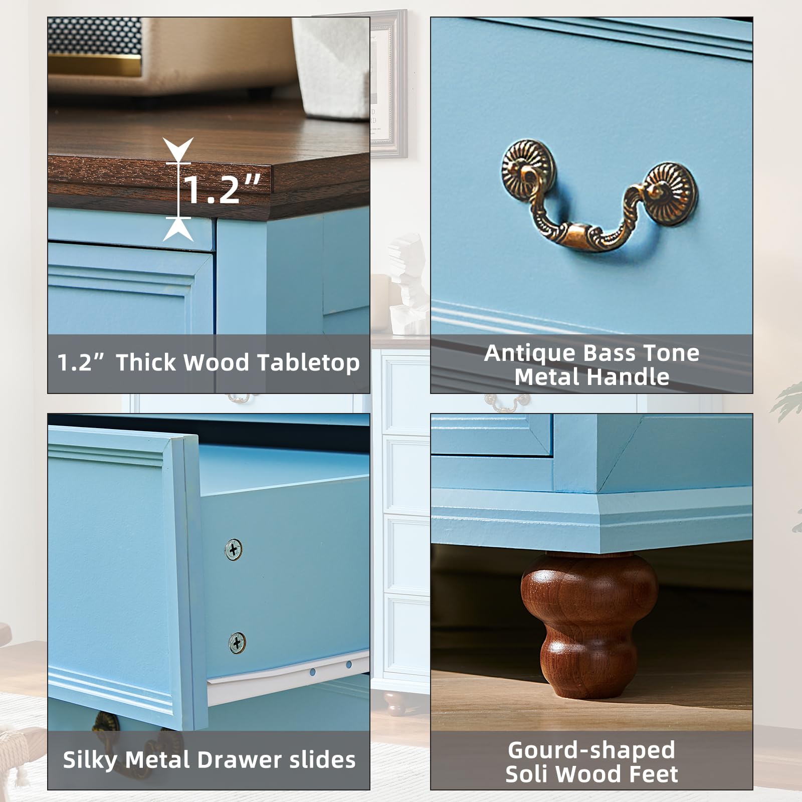 Blue dresser drawer detail with antique brass curved handle