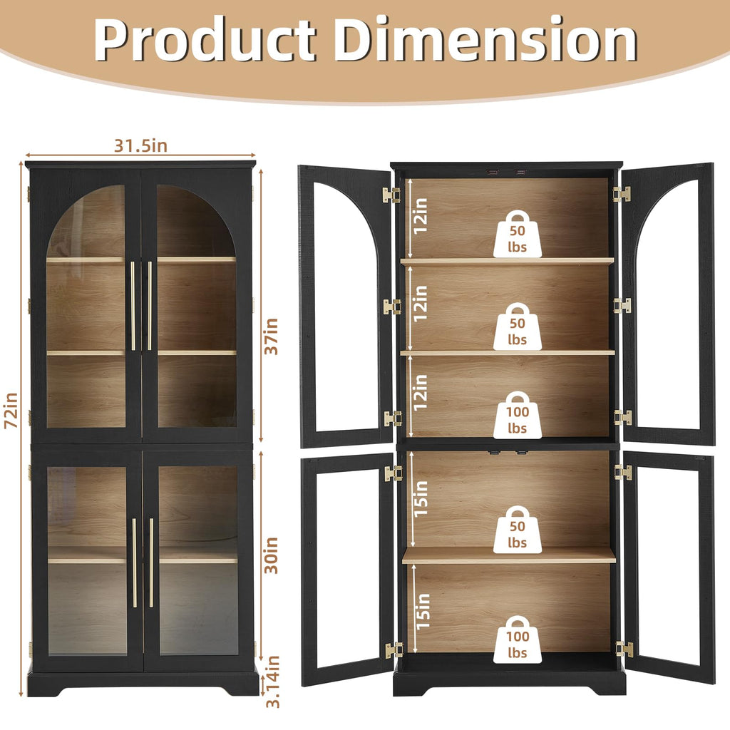 Tall bookshelf dimension view with open doors, adjustable shelves, and weight rating labels