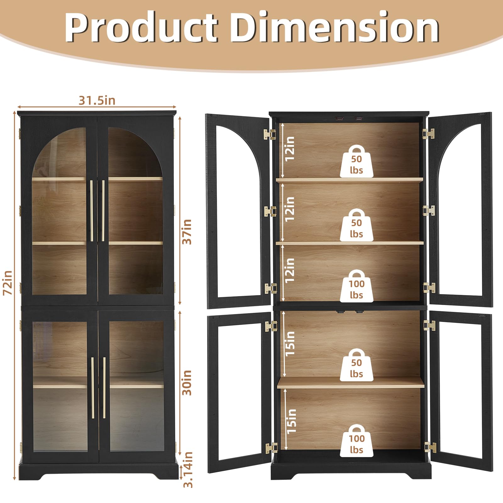 Tall bookshelf dimension view with open doors, adjustable shelves, and weight rating labels