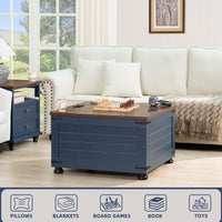 Blue square lift-top coffee table with hidden storage and paneled sides