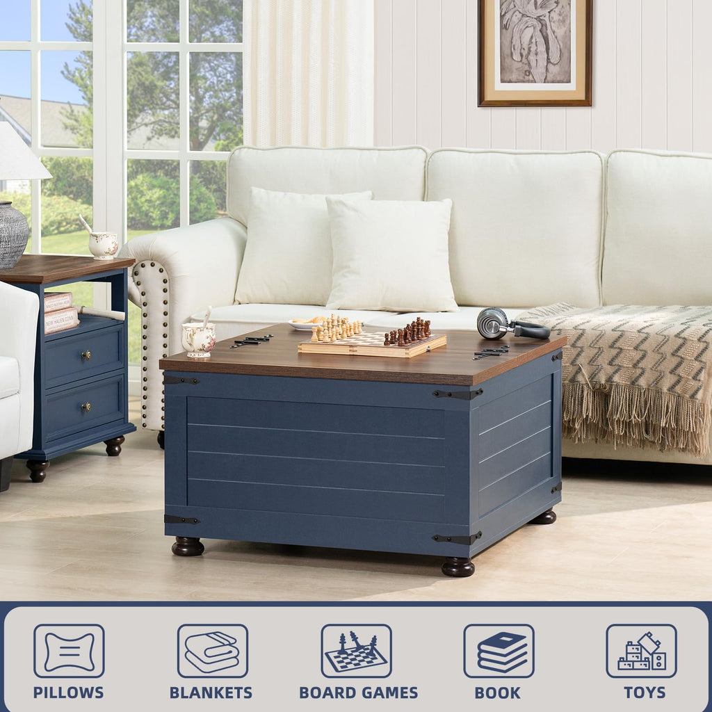 Navy blue square lift-top coffee table with hidden storage and wooden arc base