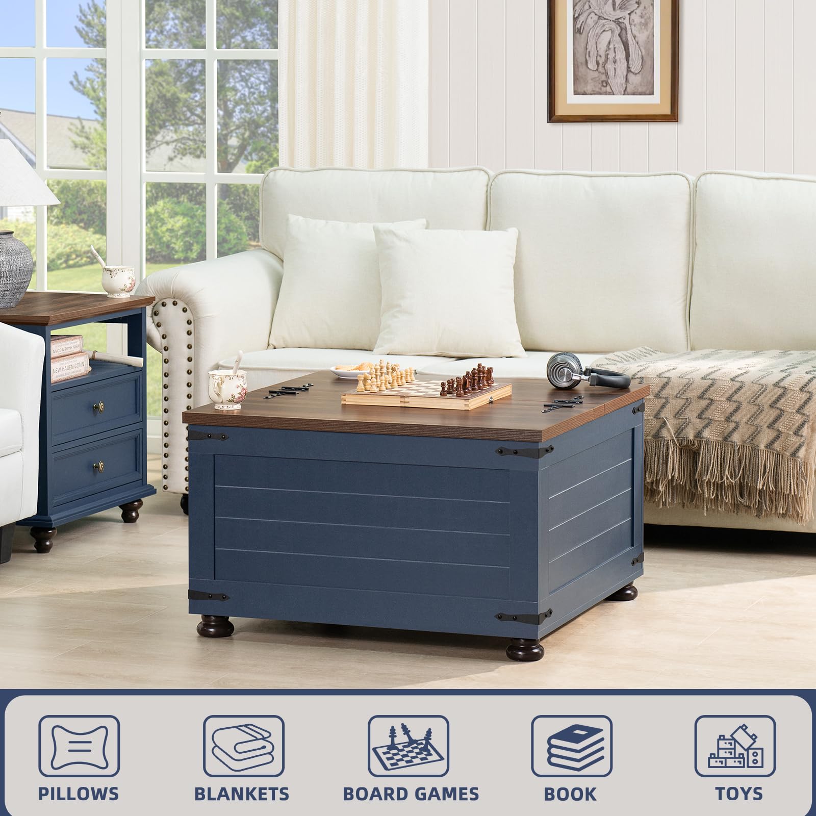 Navy blue square lift-top coffee table with hidden storage and wooden arc base