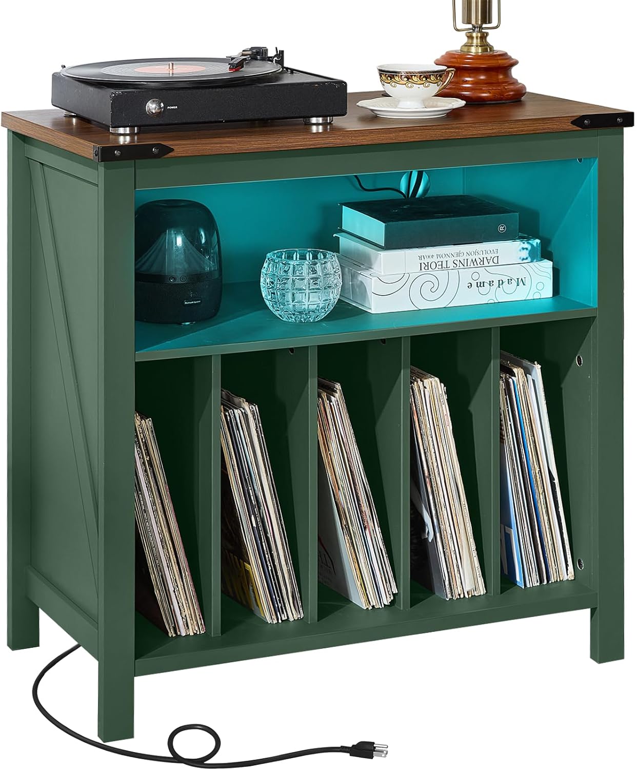 Large Record Player Table with Charging Station & LED Lights, Green Vinyl Record Storage Cabinet Holds up to 230 Albums, Turntable Stand with Display Shelf for Music Room Bedroom Living Room