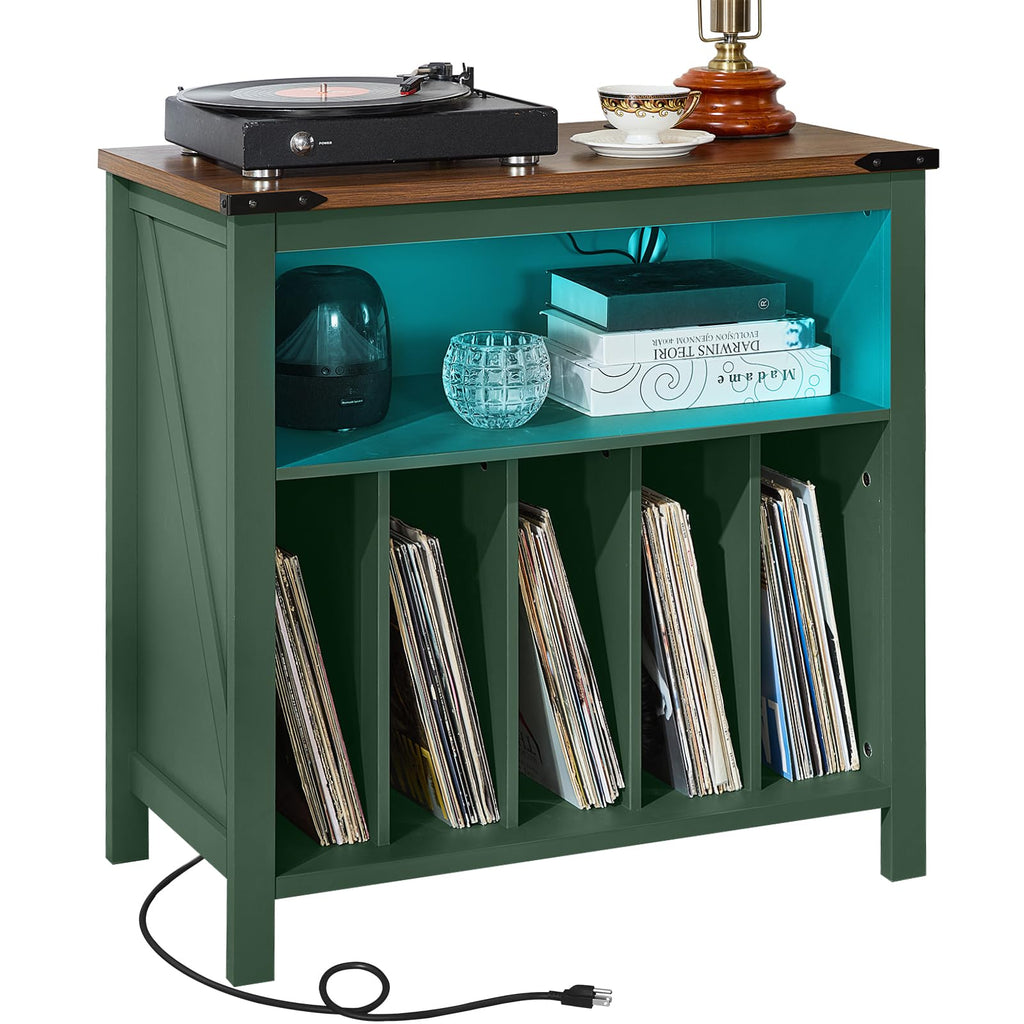 Green vinyl record storage cabinet with record player on top and glowing interior light.